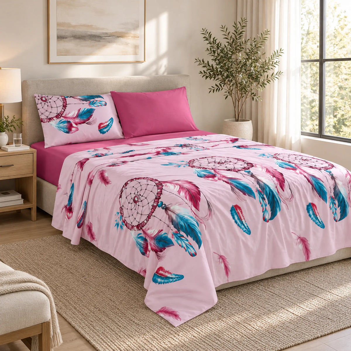 Juego de sábanas 4 piezas estampado con atrapasueños rosa – en un dormitorio