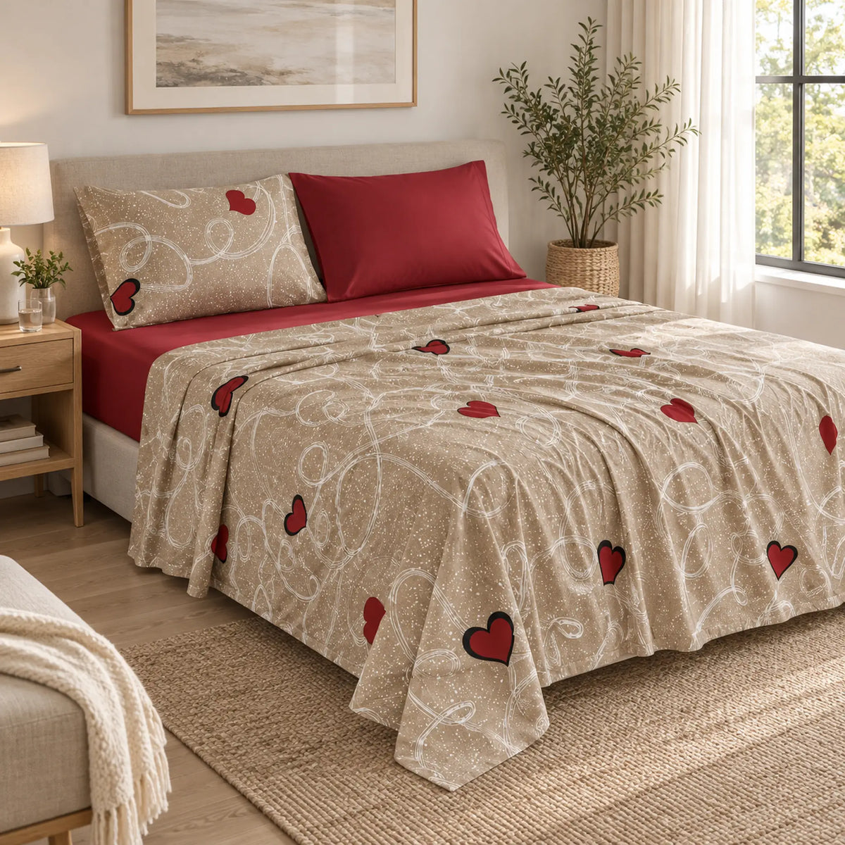 Juego de sábanas 4 piezas estampado beige con corazones – en un dormitorio