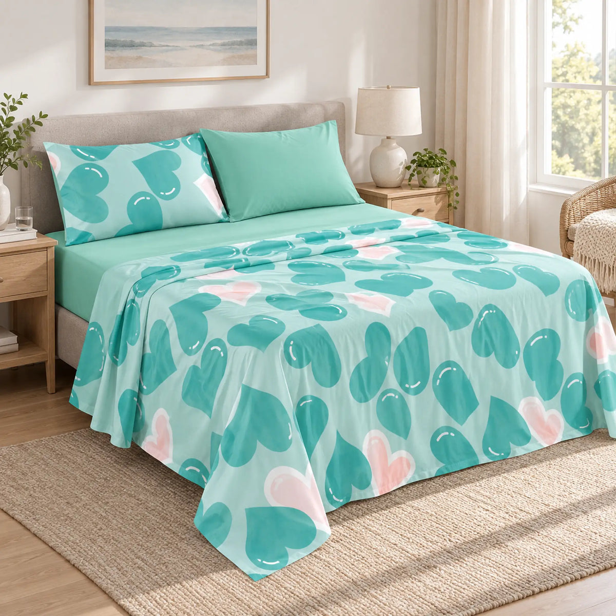 Juego de sábanas 4 piezas estampado verde menta con corazones – en un dormitorio