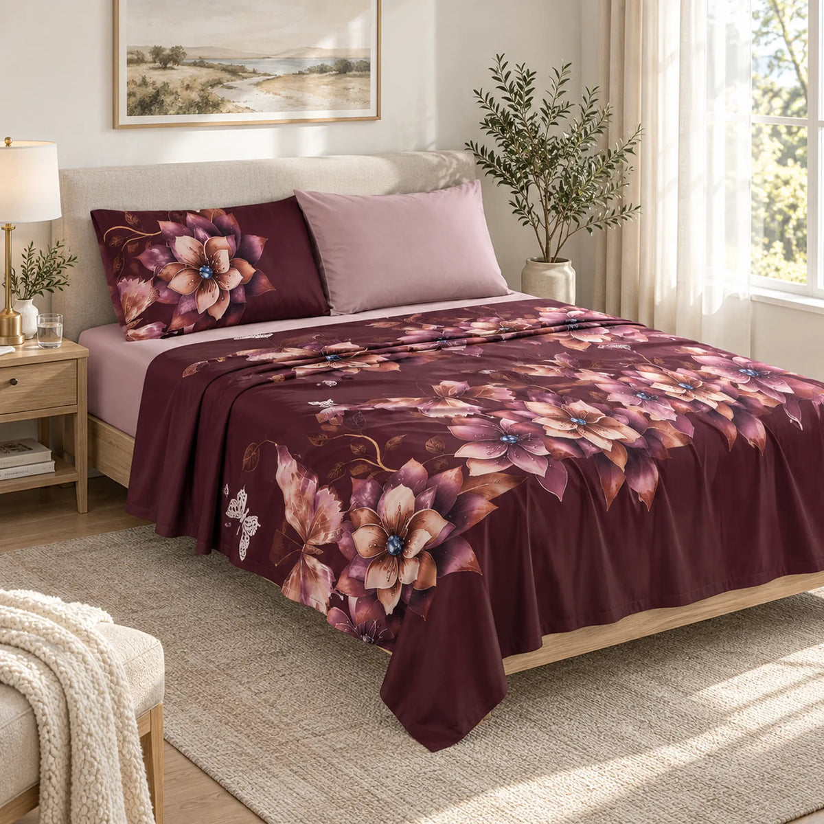 Juego de sábanas 4 piezas estampado color vino con flores – en un dormitorio