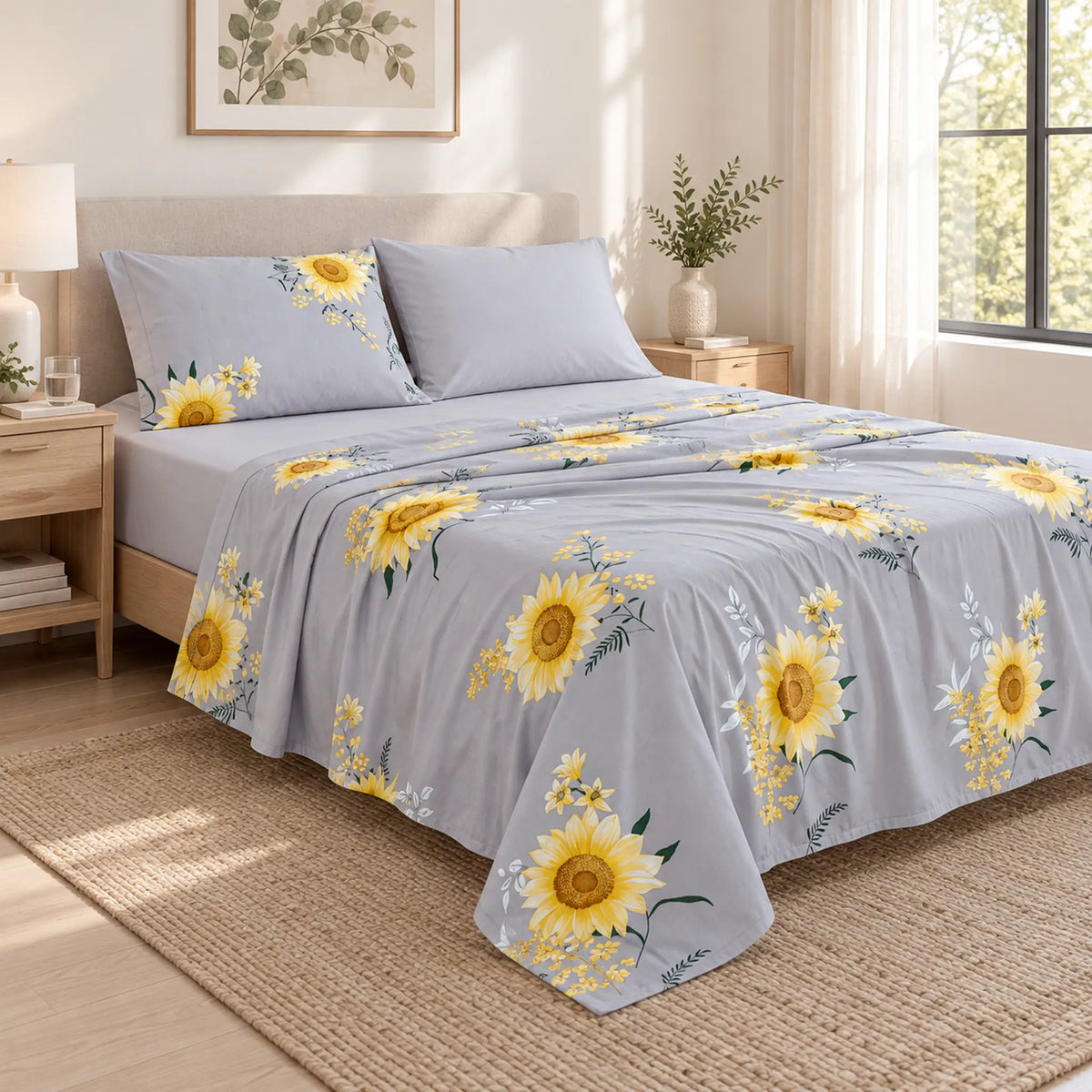 Juego de sábanas 4 piezas estampado gris con girasoles – en un dormitorio