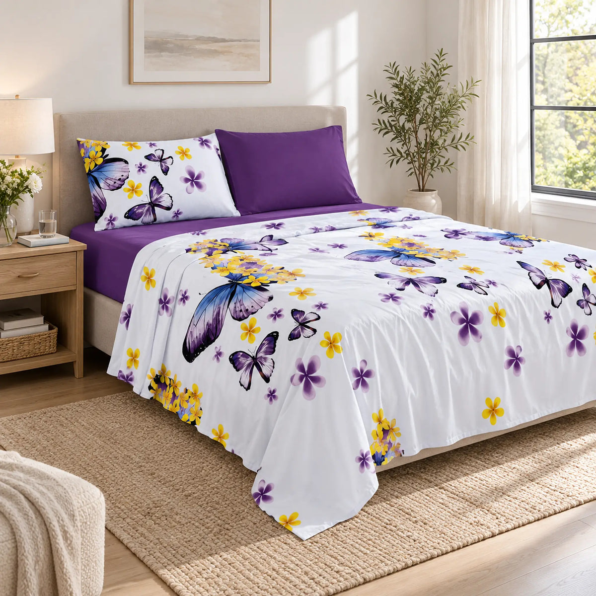 Juego de sábanas 4 piezas estampado morado con mariposas – en un dormitorio