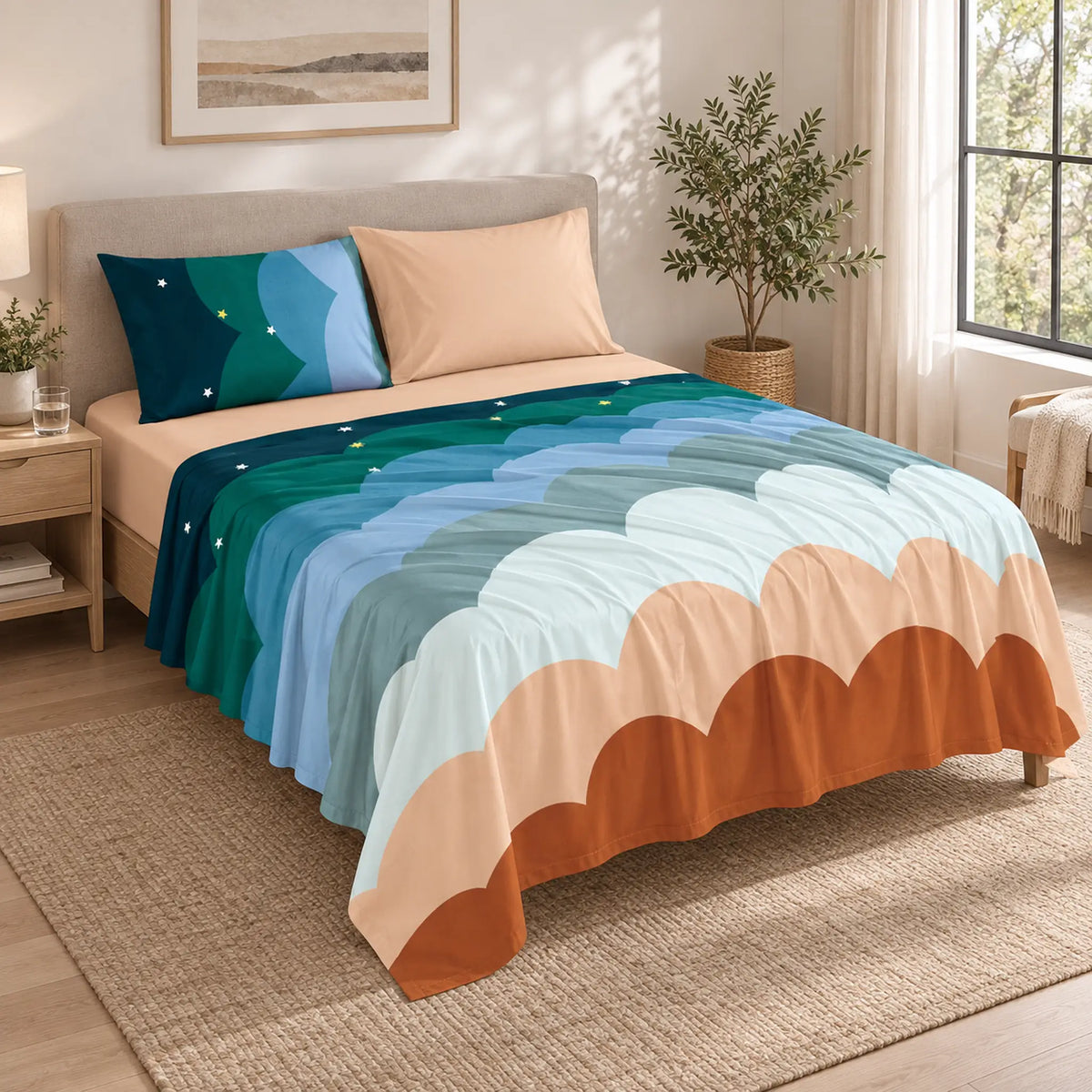 Juego de sábanas 4 piezas estampado con arcoíris de colores – en un dormitorio