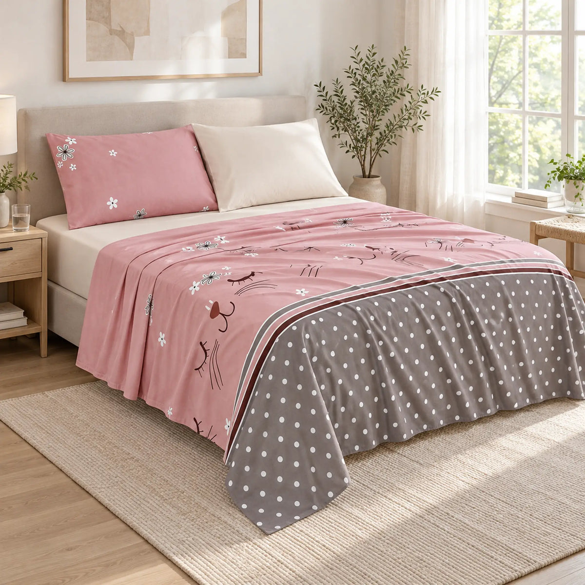Juego de sábanas 4 piezas estampado rosa con gatito – en un dormitorio