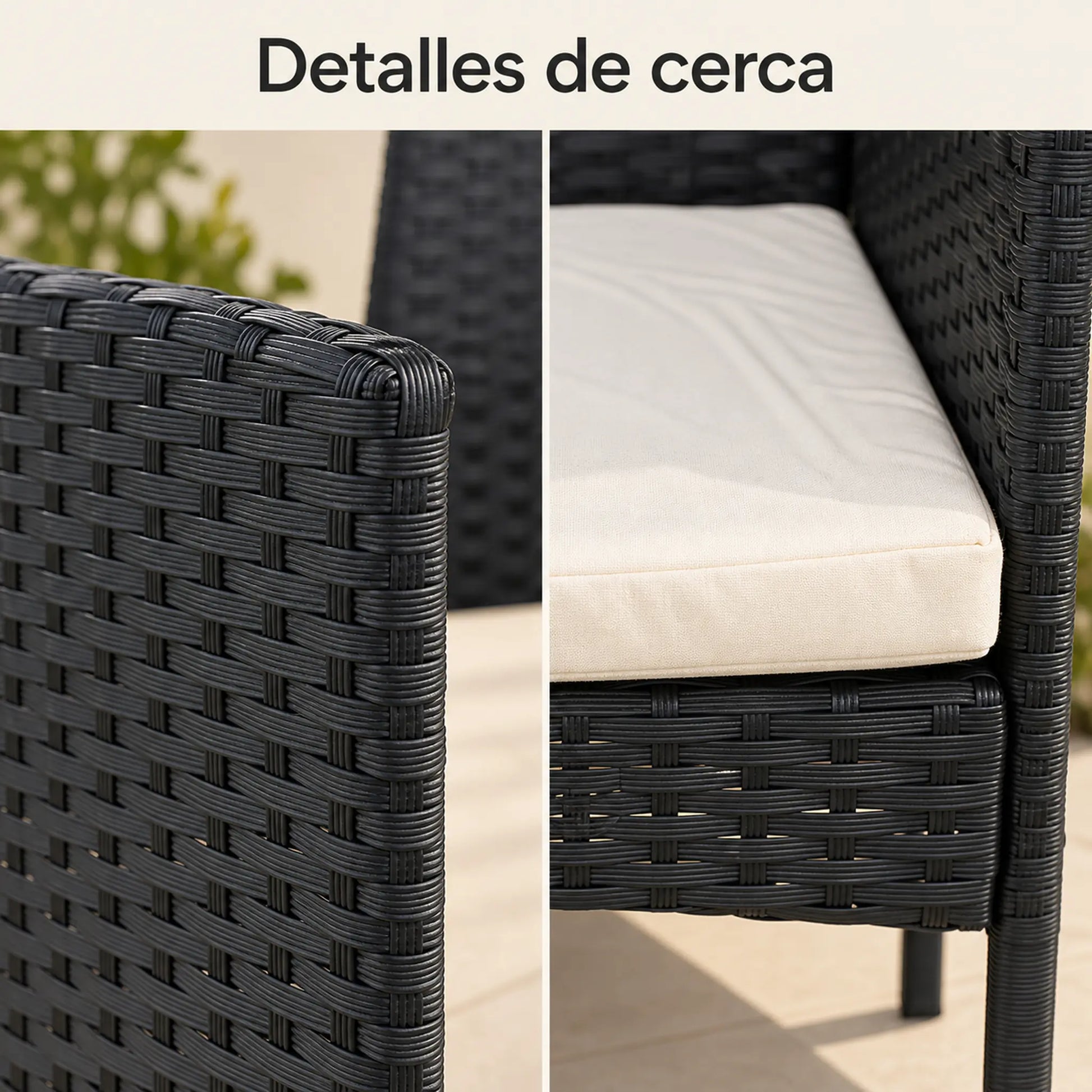 Detalles de cerca del tejido negro y el cojín crema del juego de terraza