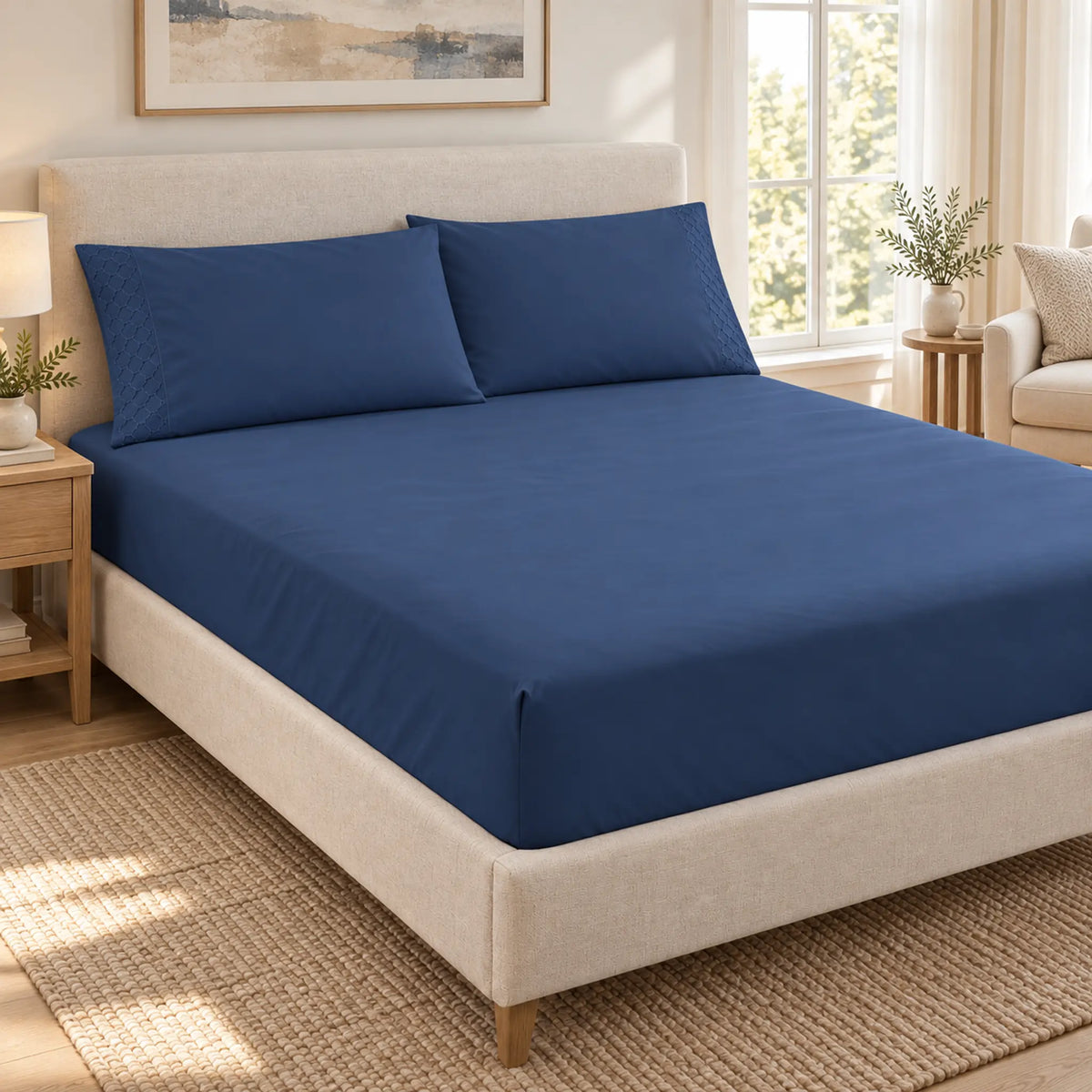 Forro ajustable liso con 2 sobrefundas bordadas, color Azul Navy – en un dormitorio luminoso