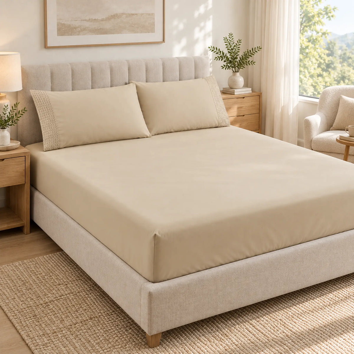 Forro ajustable liso con 2 sobrefundas bordadas, color Beige – en un dormitorio luminoso