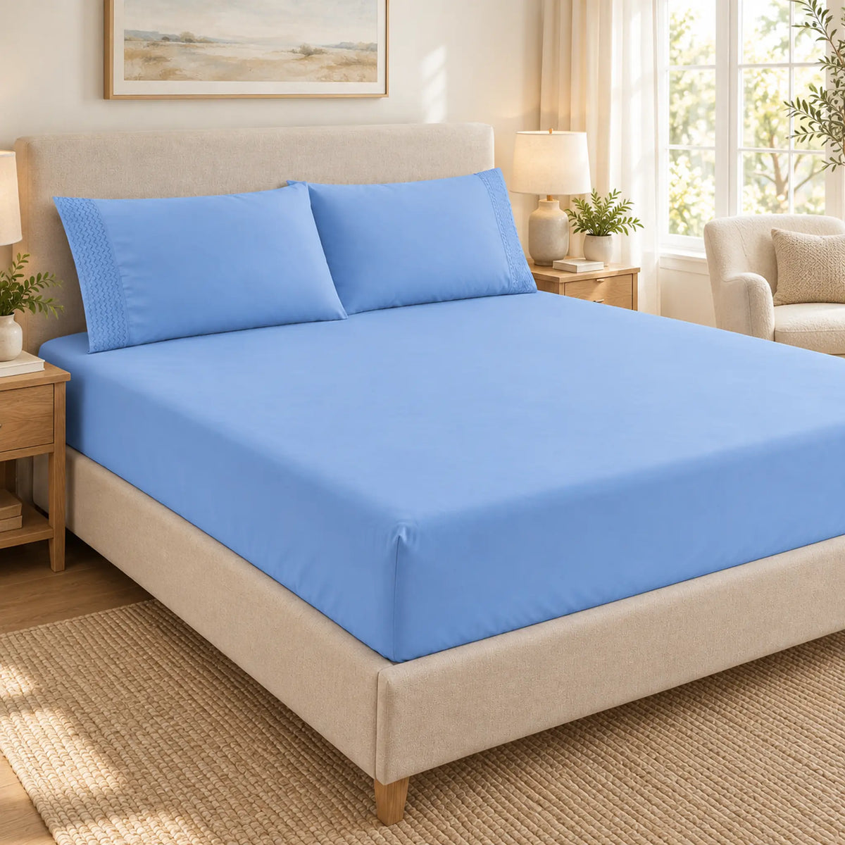 Forro ajustable liso con 2 sobrefundas bordadas, color Celeste – en un dormitorio luminoso