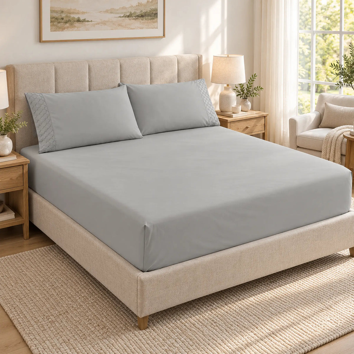 Forro ajustable liso con 2 sobrefundas bordadas, color Gris – en un dormitorio luminoso