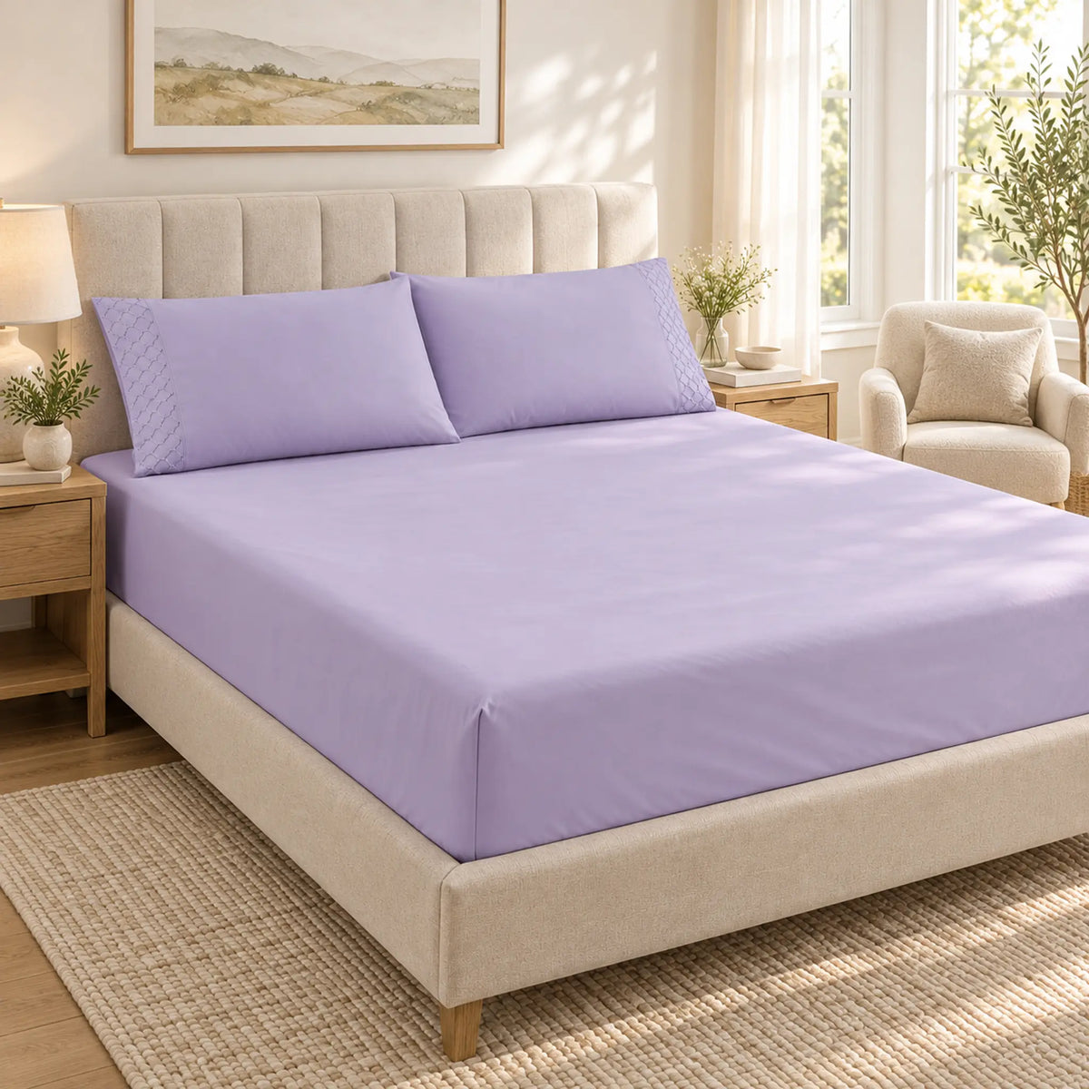 Forro ajustable liso con 2 sobrefundas bordadas, color Lila – en un dormitorio luminoso
