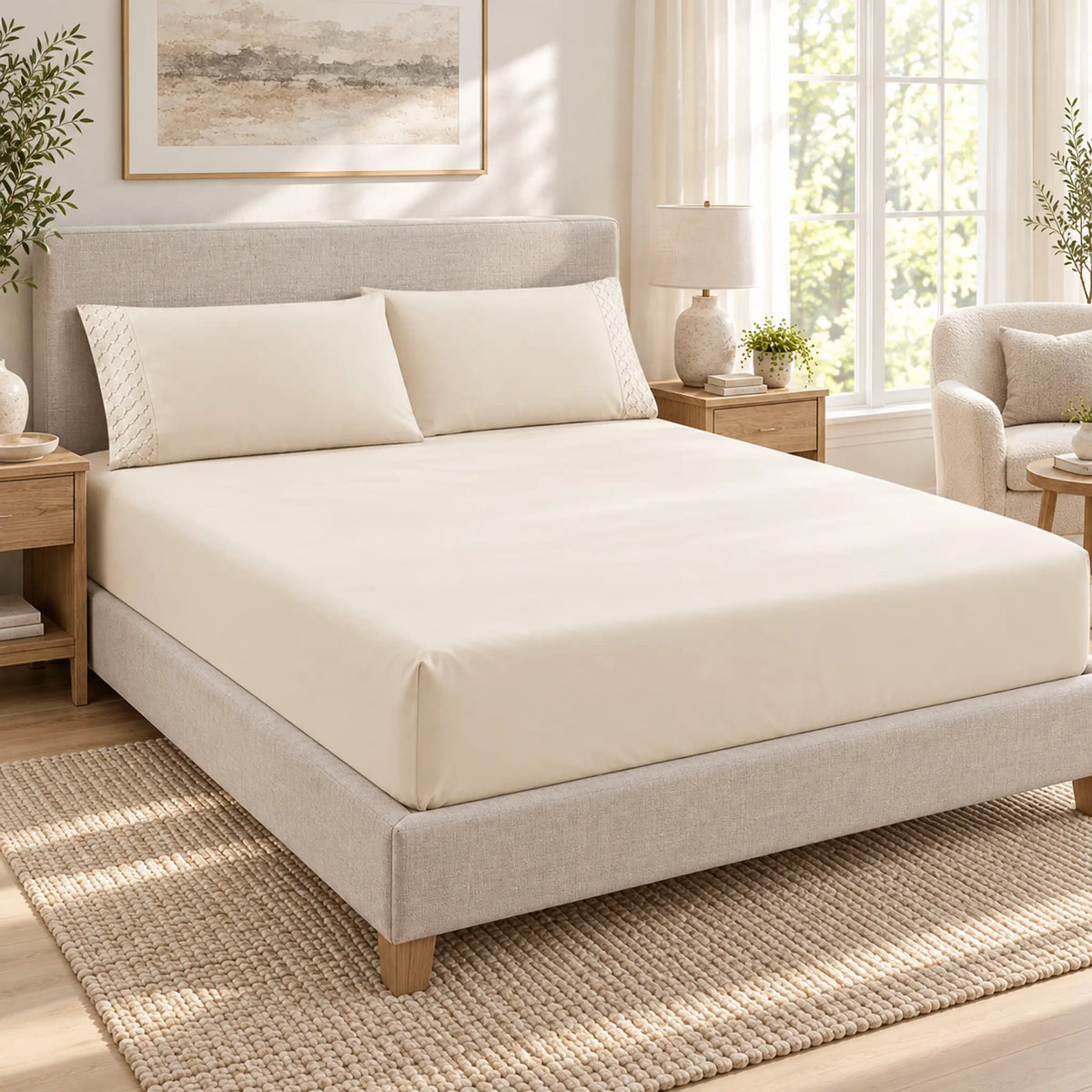 Forro ajustable liso con 2 sobrefundas bordadas, color Marfil – en un dormitorio luminoso