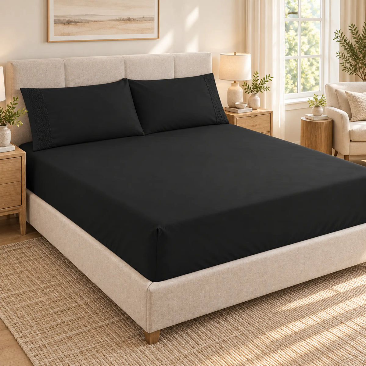 Forro ajustable liso con 2 sobrefundas bordadas, color Negro – en un dormitorio luminoso