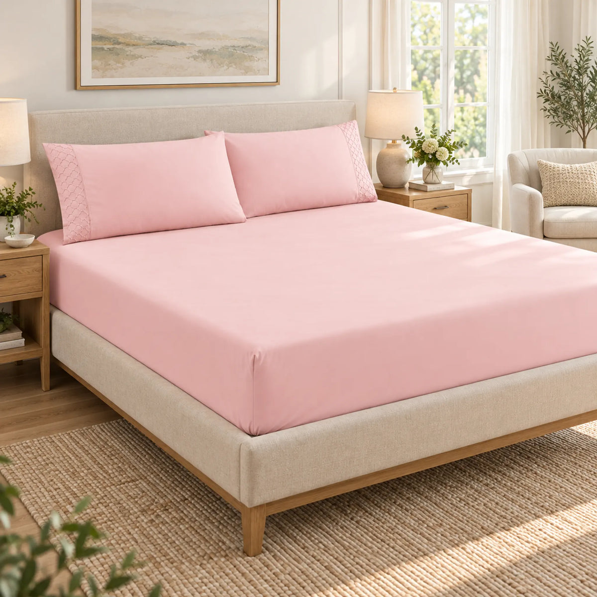 Forro ajustable liso con 2 sobrefundas bordadas, color Rosa Claro – en un dormitorio luminoso