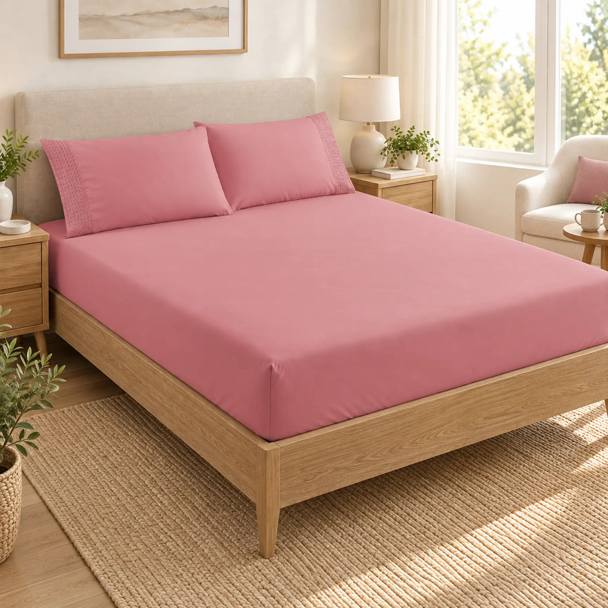Forro ajustable liso con 2 sobrefundas bordadas, color Rosa Viejo – en un dormitorio luminoso