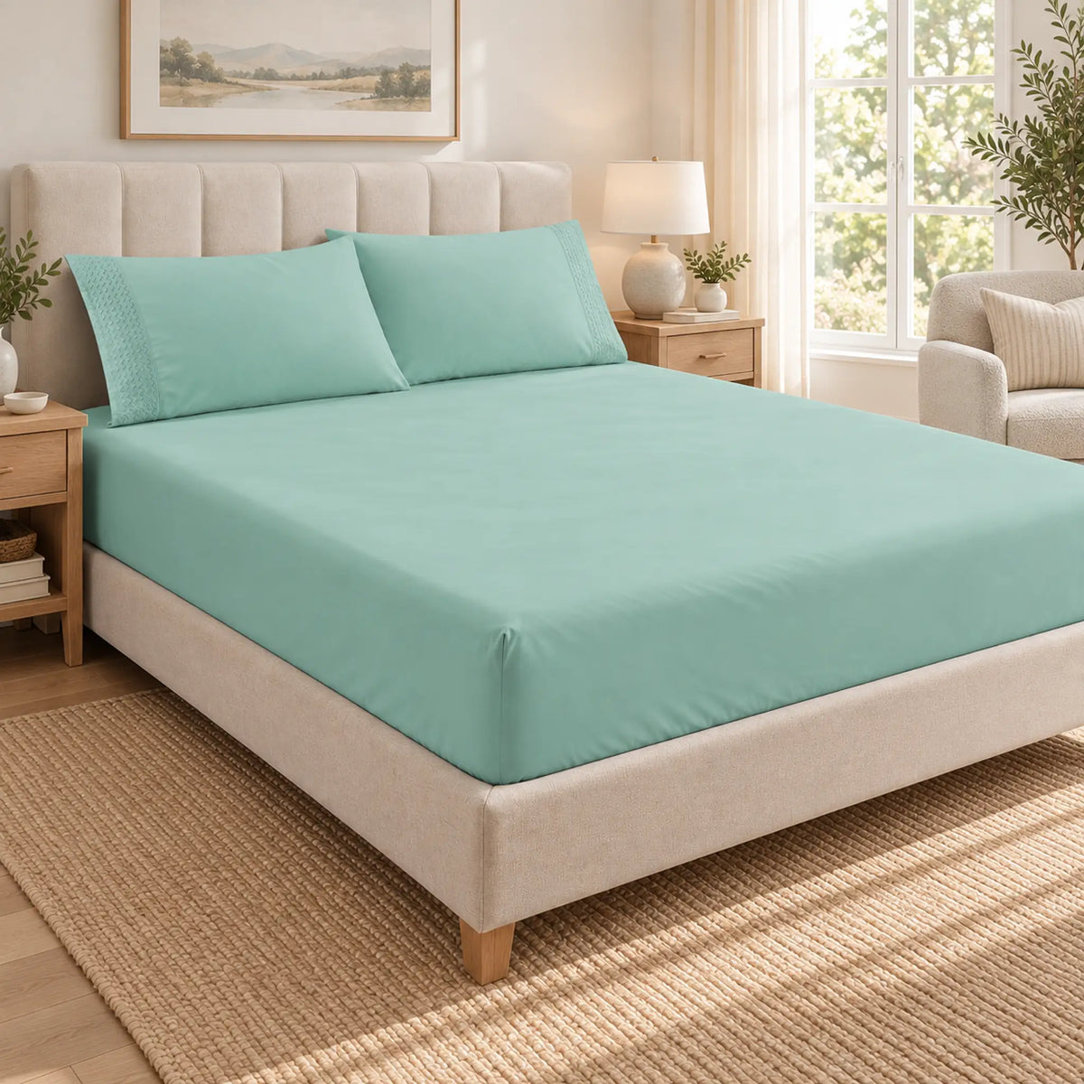 Forro ajustable liso con 2 sobrefundas bordadas, color Verde Menta – en un dormitorio luminoso