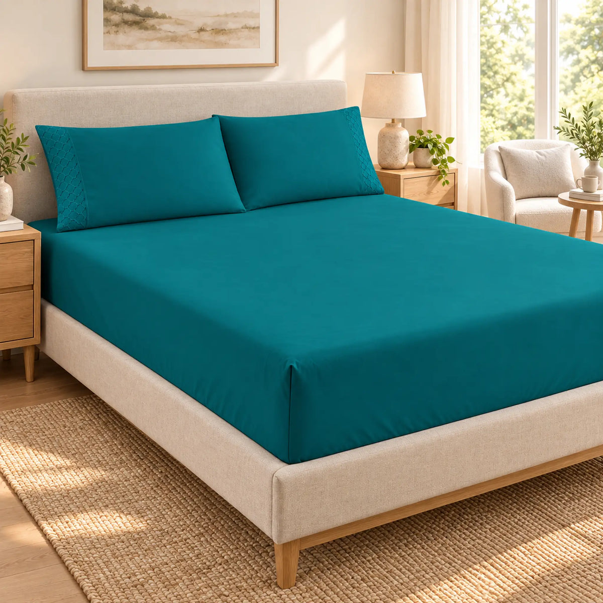 Forro ajustable liso con 2 sobrefundas bordadas, color Verde Petróleo – en un dormitorio luminoso
