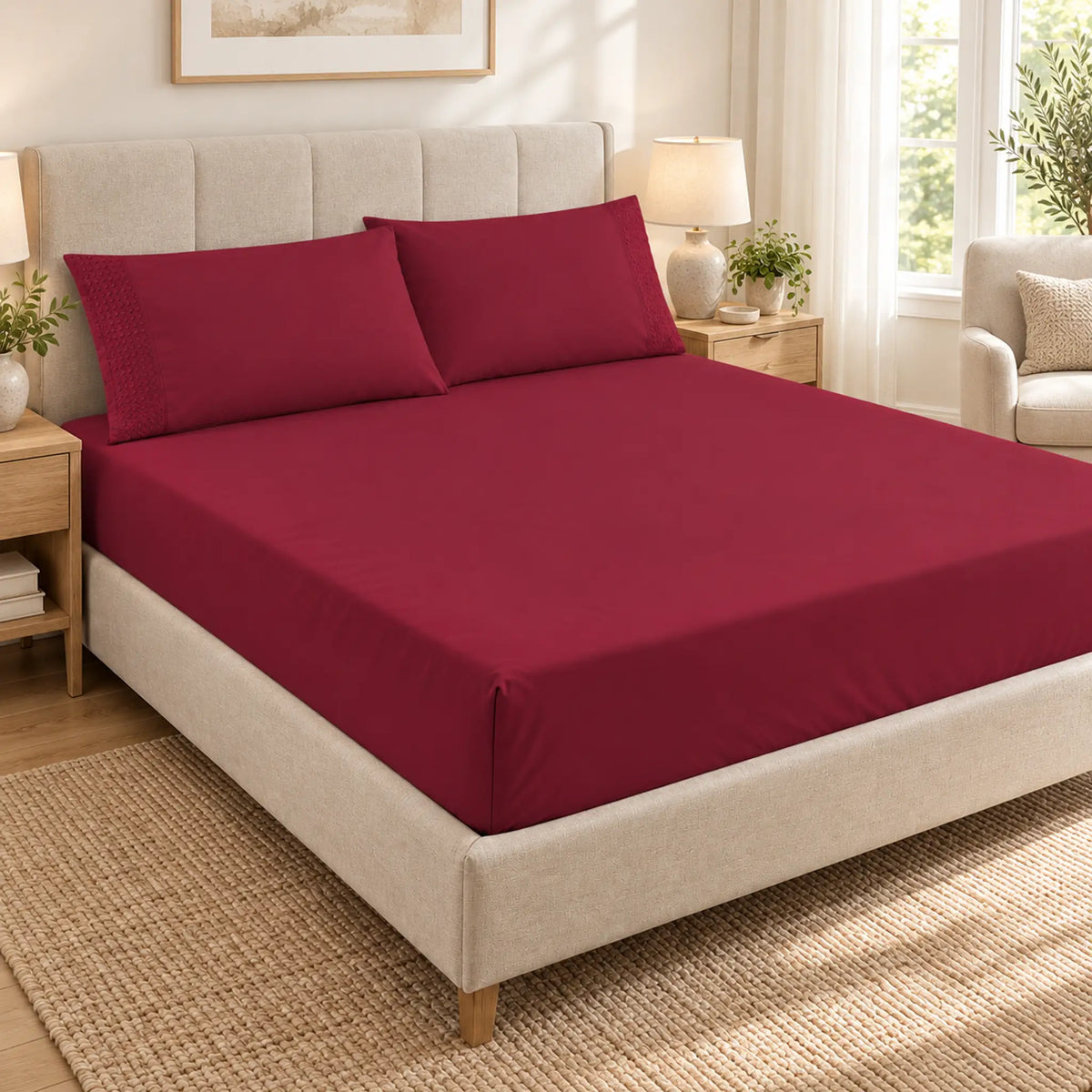 Forro ajustable liso con 2 sobrefundas bordadas, color Vino – en un dormitorio luminoso