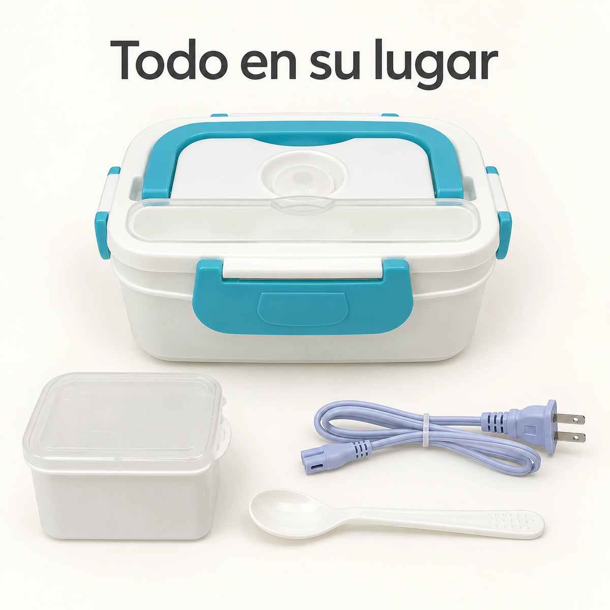 Lonchera eléctrica LOTUS turquesa con recipiente extra, cuchara y cable de corriente