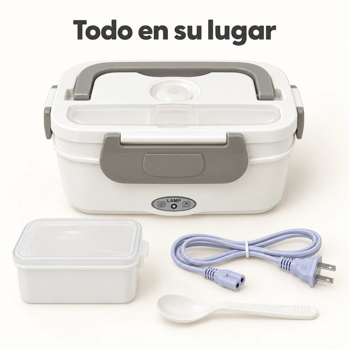 Lonchera eléctrica LOTUS gris con recipiente extra, cuchara y cable de corriente