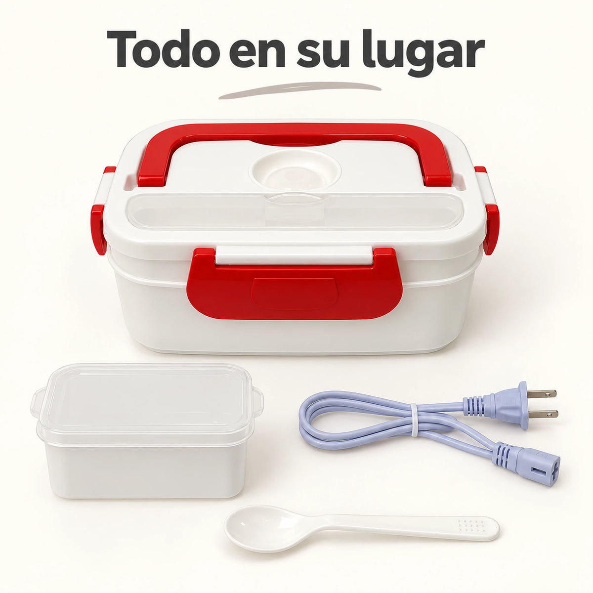 Lonchera eléctrica LOTUS roja con recipiente extra, cuchara y cable de corriente