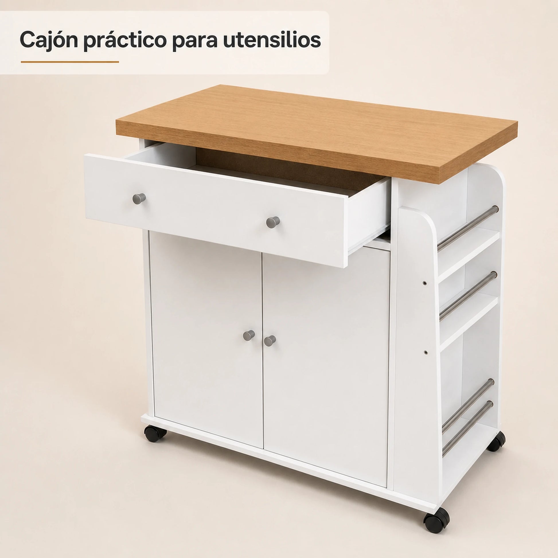 Cajón abierto del carrito auxiliar de cocina Blanco / Roble