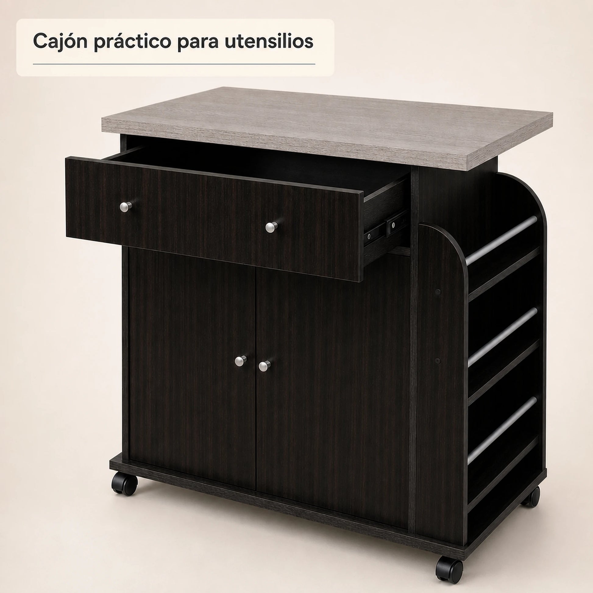 Cajón abierto del carrito auxiliar de cocina Café Oscuro / Gris Ceniza