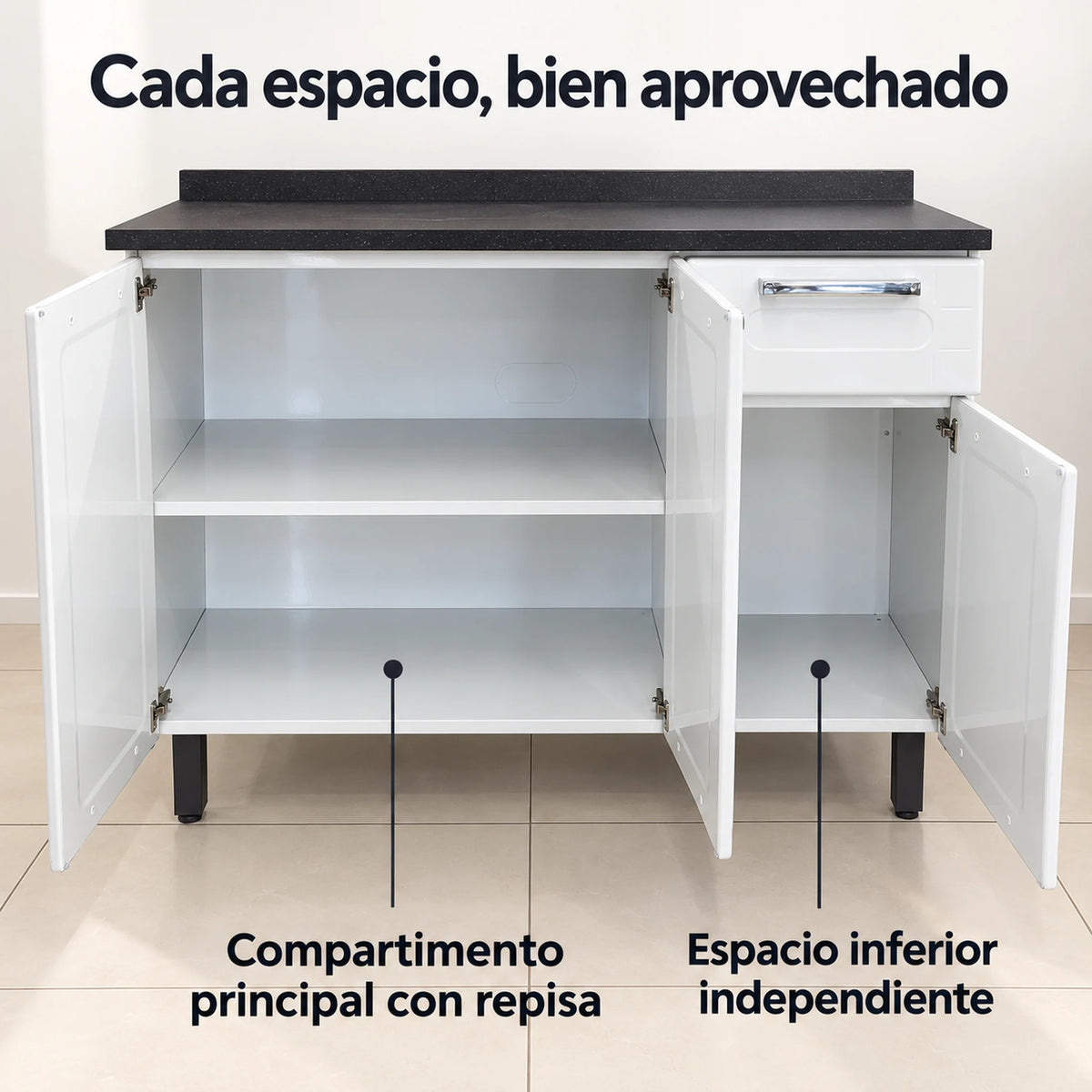 Gabinete de cocina de acero 105 cm – interior: compartimento con repisa y espacio inferior independiente