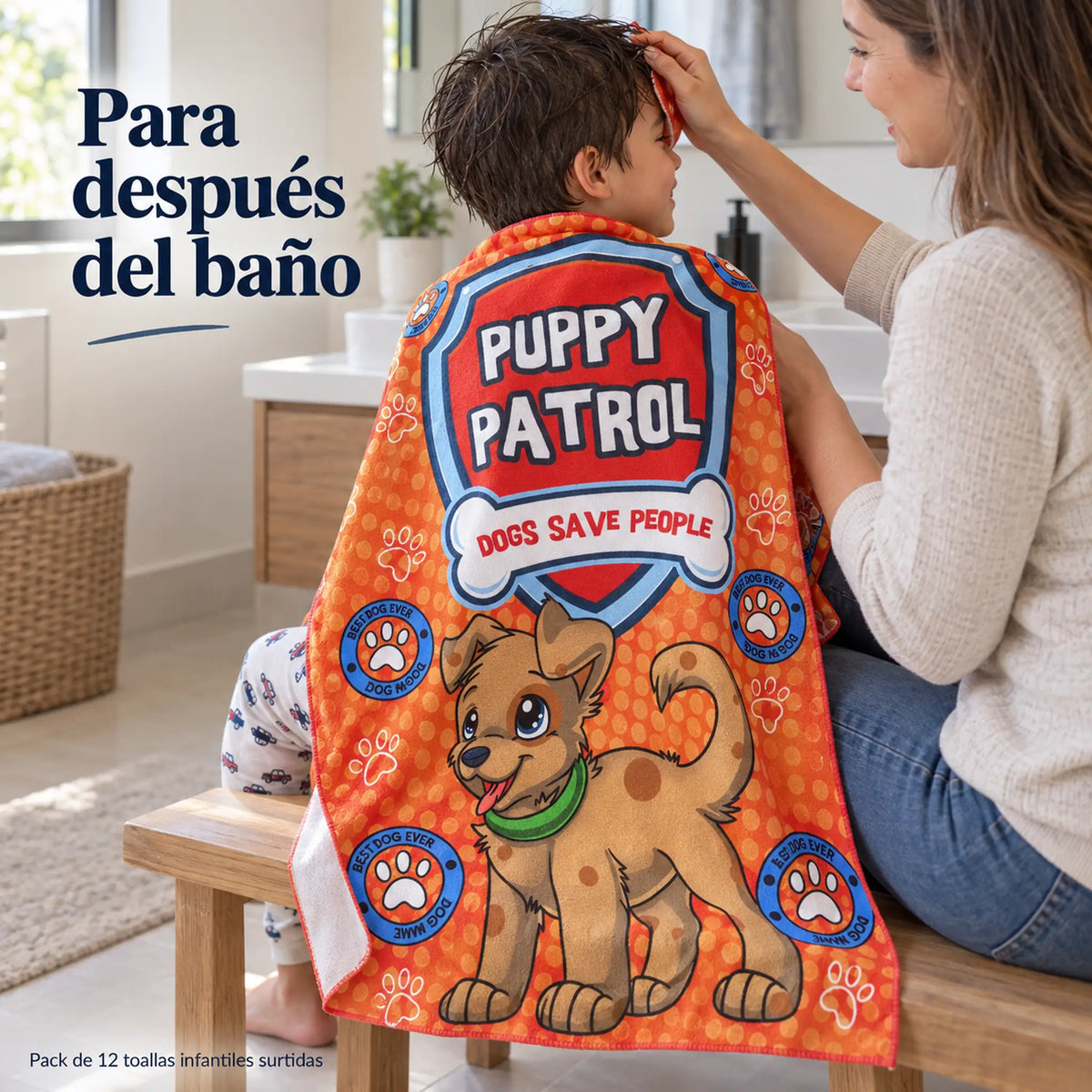Pack de 12 Toallas Infantiles, diseño Puppy Patrol usado después del baño