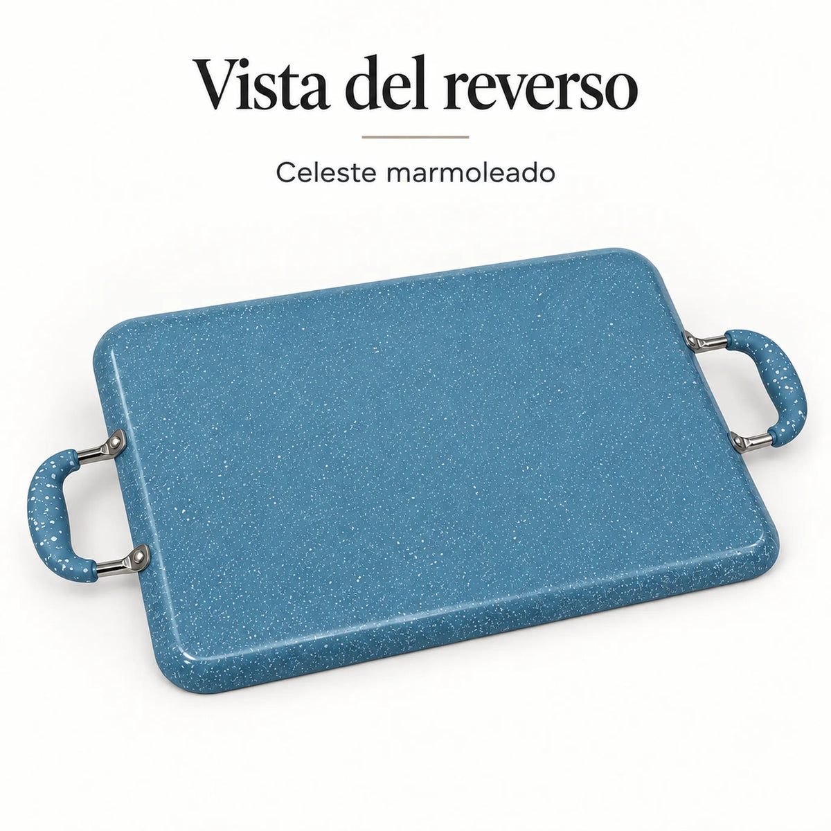Reverso y base de la plancha doble ROCA en color Celeste Marmoleado