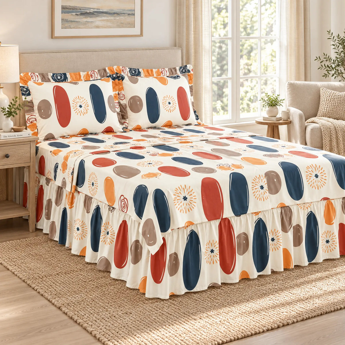 Juego de sábanas con vuelo 4 piezas, diseño Óvalos Multicolor – en un dormitorio