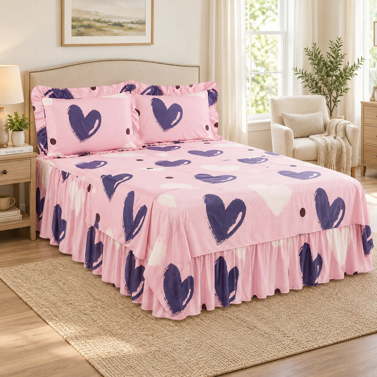 Juego de sábanas con vuelo 4 piezas, diseño Corazones Rosa y Morado – en un dormitorio