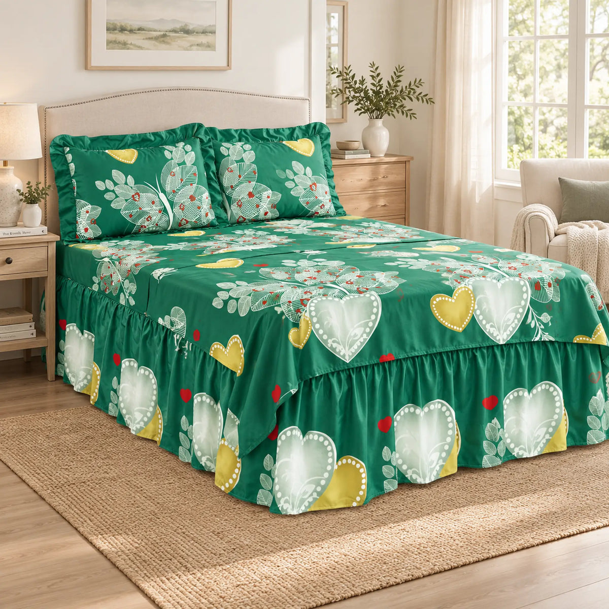 Juego de sábanas con vuelo 4 piezas, diseño Corazones Verde Esmeralda – en un dormitorio