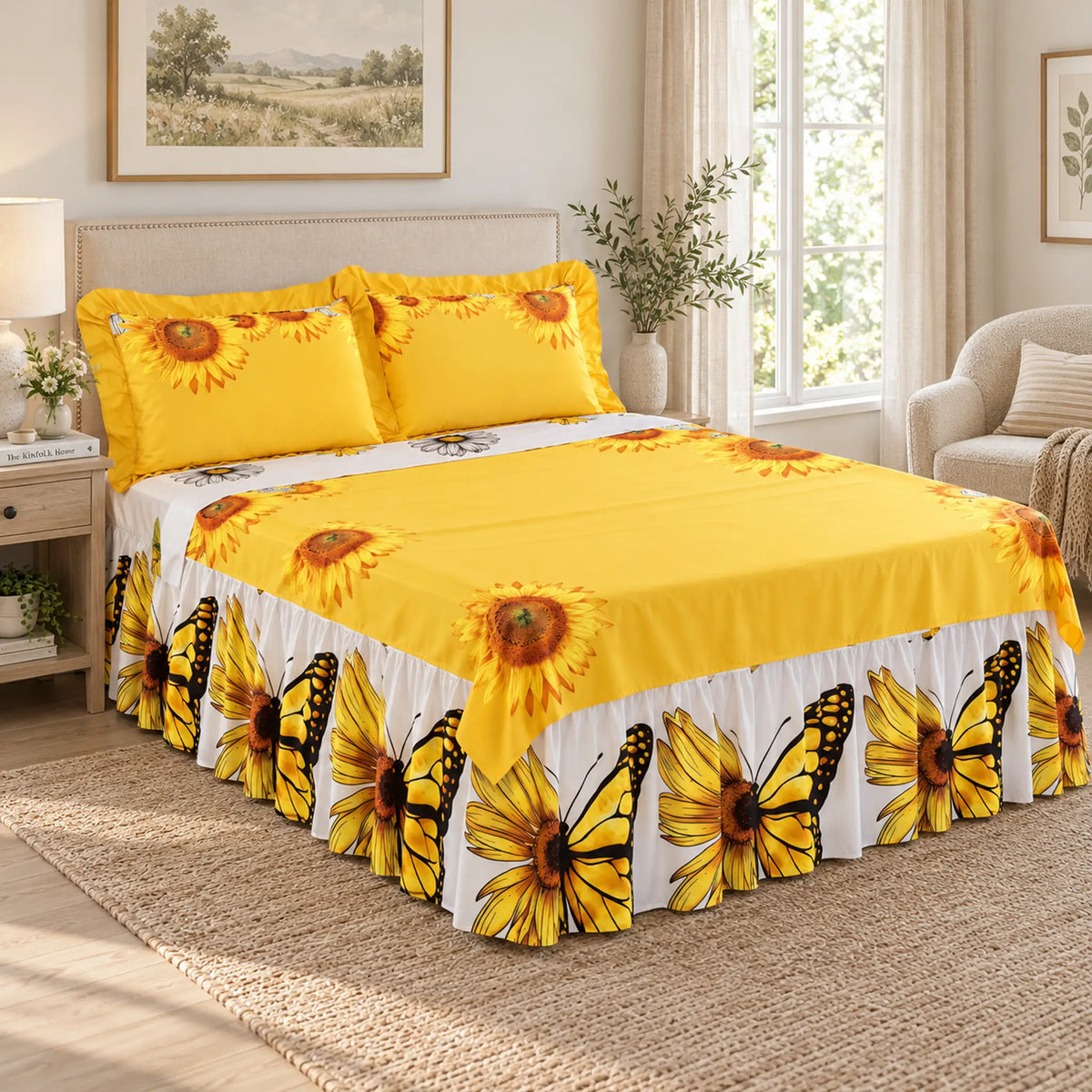 Juego de sábanas con vuelo 4 piezas, diseño Girasoles y Mariposas Amarillas – en un dormitorio