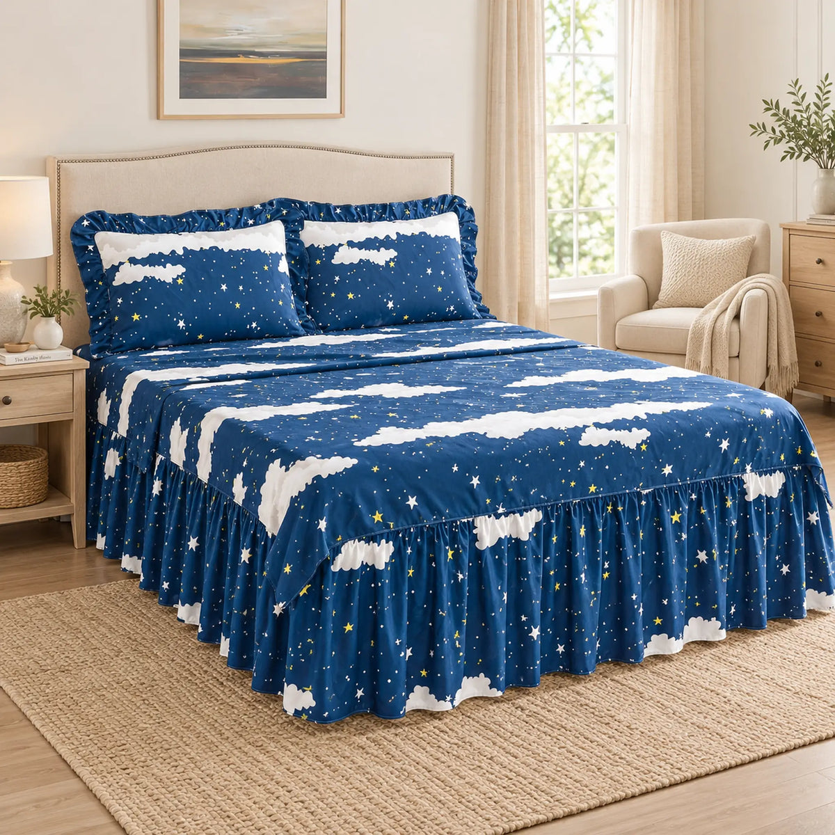 Juego de sábanas con vuelo 4 piezas, diseño Nubes y Estrellas Azul Marino – en un dormitorio