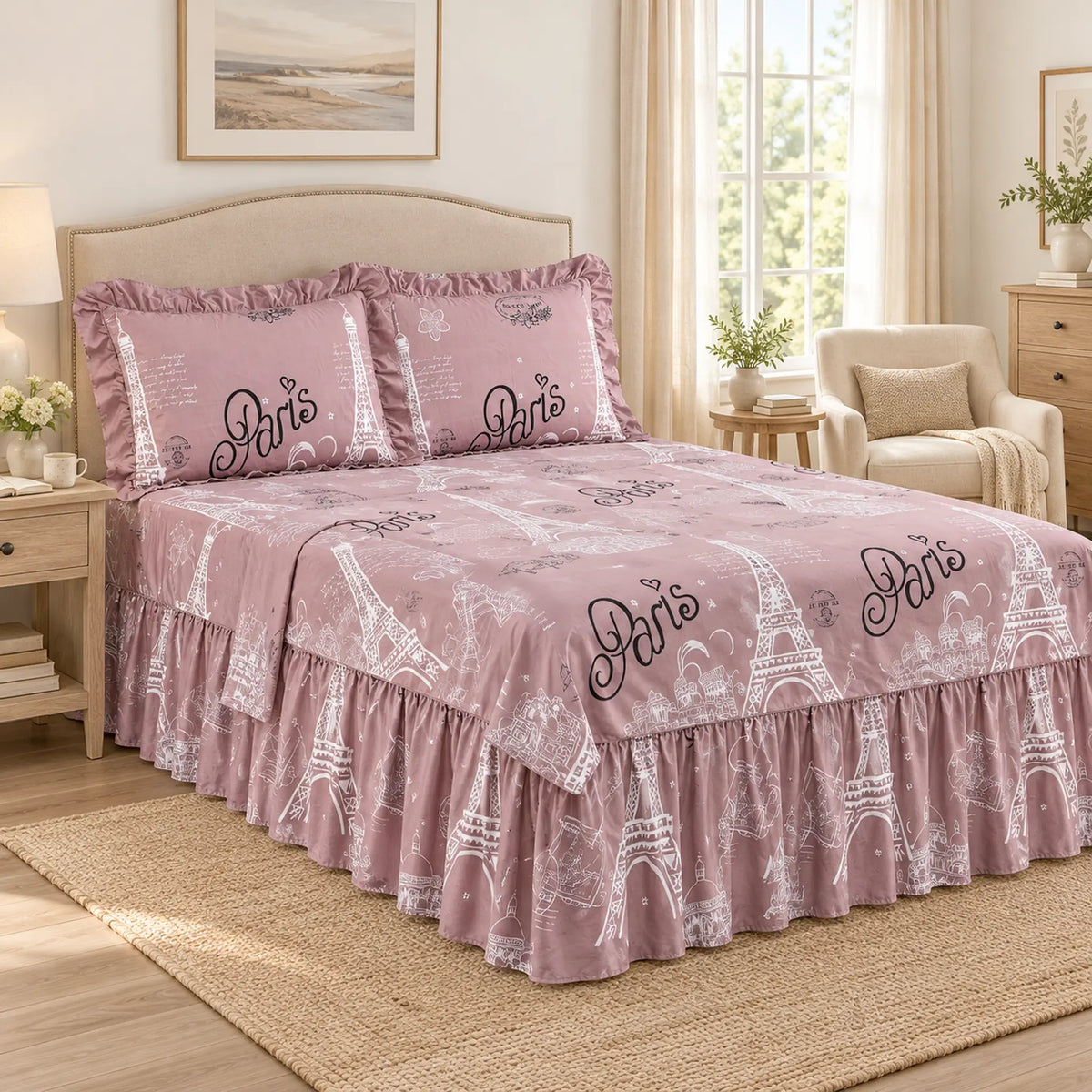 Juego de sábanas con vuelo 4 piezas, diseño París Rosa Malva – en un dormitorio