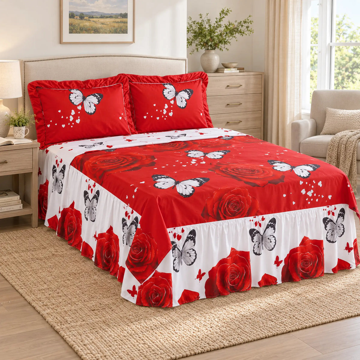 Juego de sábanas con vuelo 4 piezas, diseño Rosas Rojas y Mariposas – en un dormitorio