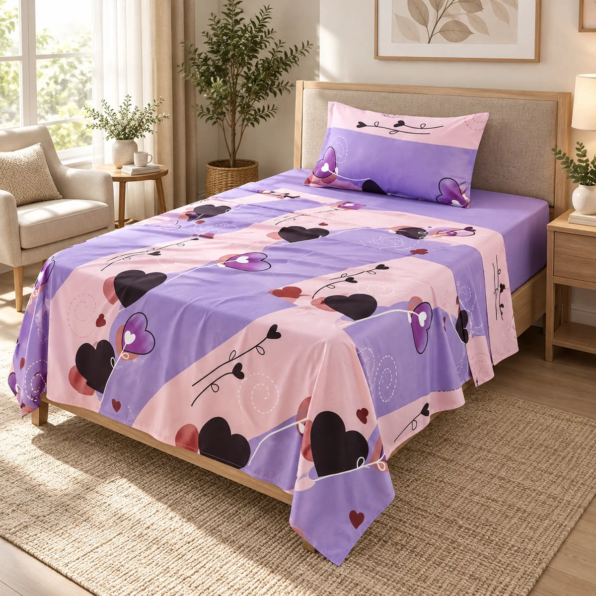 Juego de sábanas semimatrimonial 1.20 m, diseño Corazones Lila y Rosa – en un dormitorio