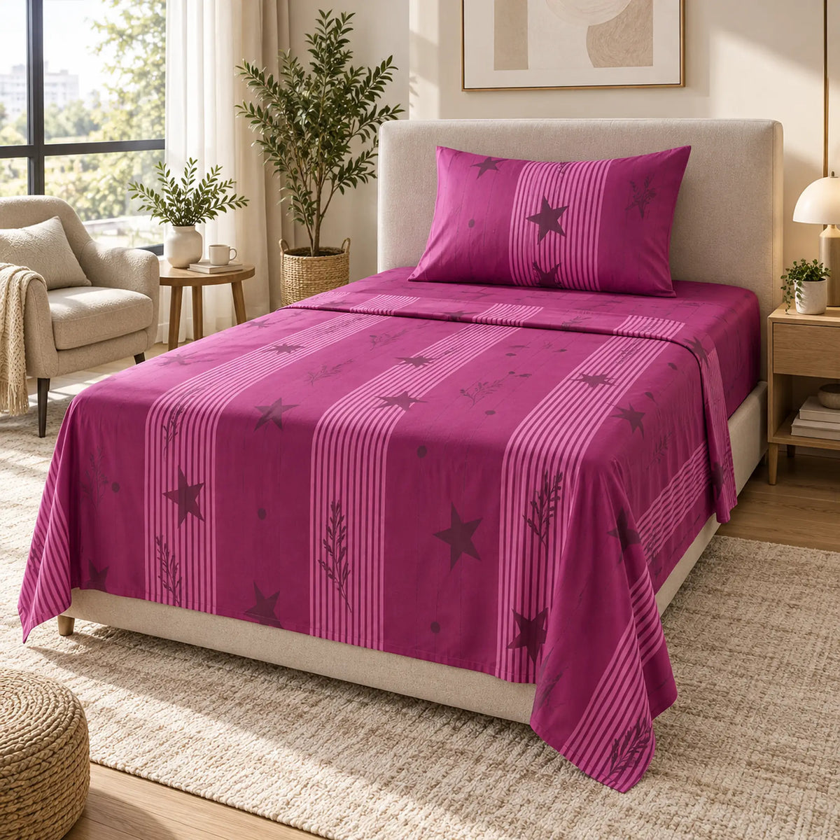 Juego de sábanas semimatrimonial 1.20 m, diseño Estrellas Magenta – en un dormitorio