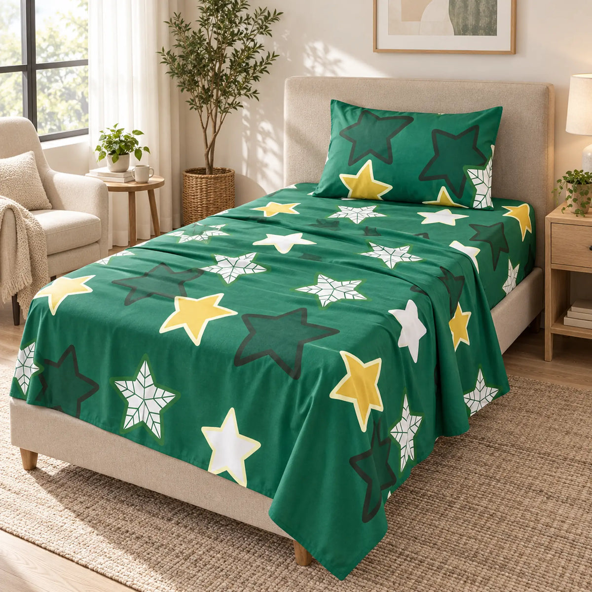 Juego de sábanas semimatrimonial 1.20 m, diseño Estrellas Verde Esmeralda – en un dormitorio