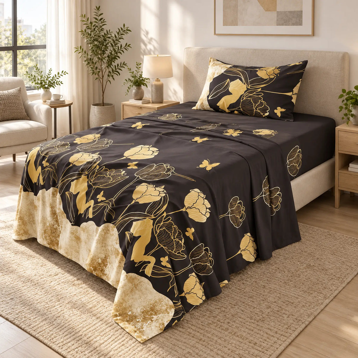 Juego de sábanas semimatrimonial 1.20 m, diseño Flores Doradas Fondo Negro – en un dormitorio