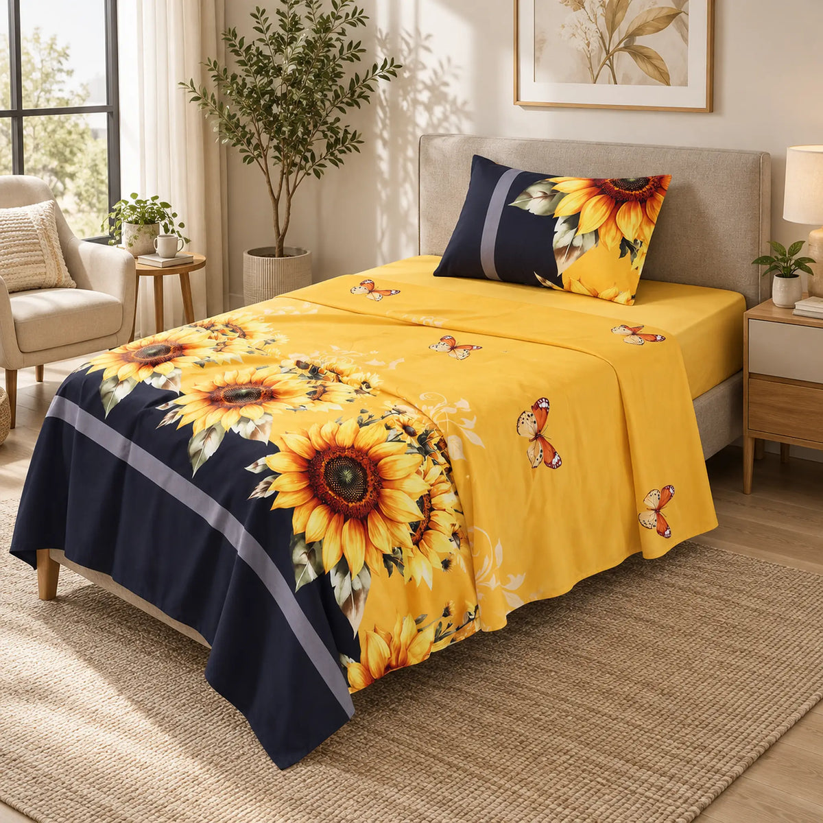 Juego de sábanas semimatrimonial 1.20 m, diseño Girasoles y Mariposas Amarillas – en un dormitorio