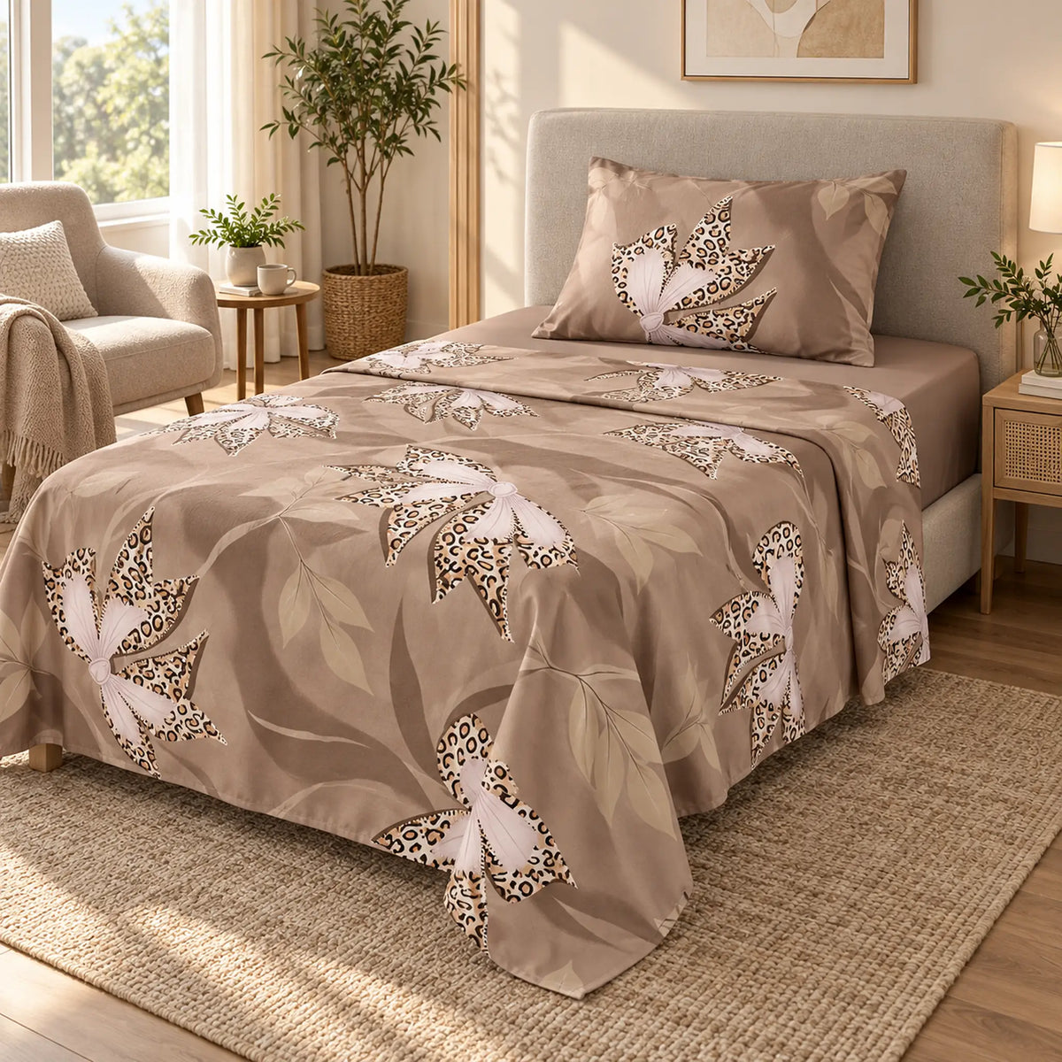 Juego de sábanas semimatrimonial 1.20 m, diseño Lazos Beige Leopardo – en un dormitorio