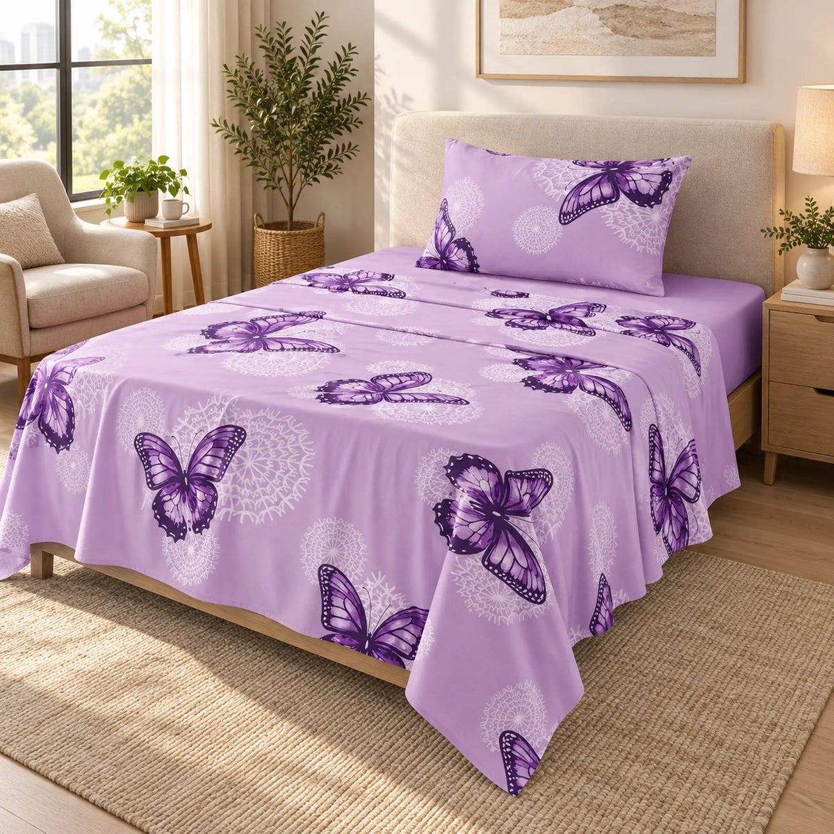 Juego de sábanas semimatrimonial 1.20 m, diseño Mariposas Lila – en un dormitorio