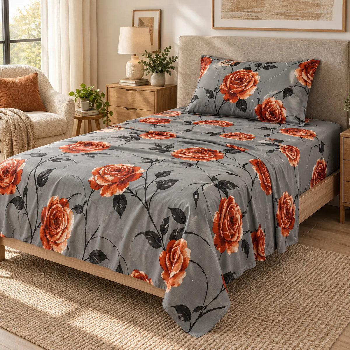 Juego de sábanas semimatrimonial 1.20 m, diseño Rosas Naranjas Fondo Gris – en un dormitorio