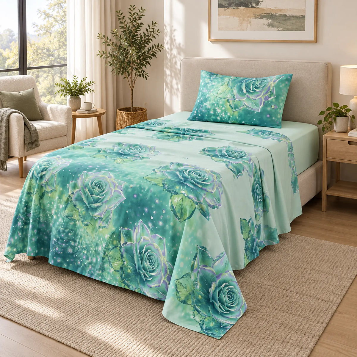 Juego de sábanas semimatrimonial 1.20 m, diseño Rosas Verde Agua – en un dormitorio
