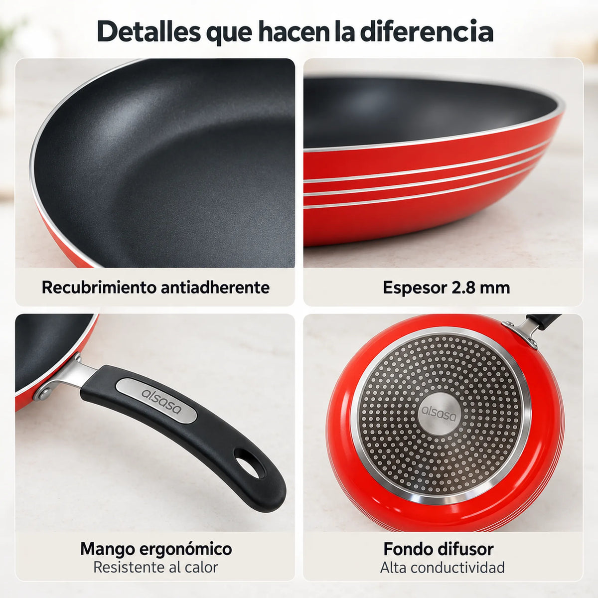 Detalle del recubrimiento antiadherente del sartén Alsasa rojo