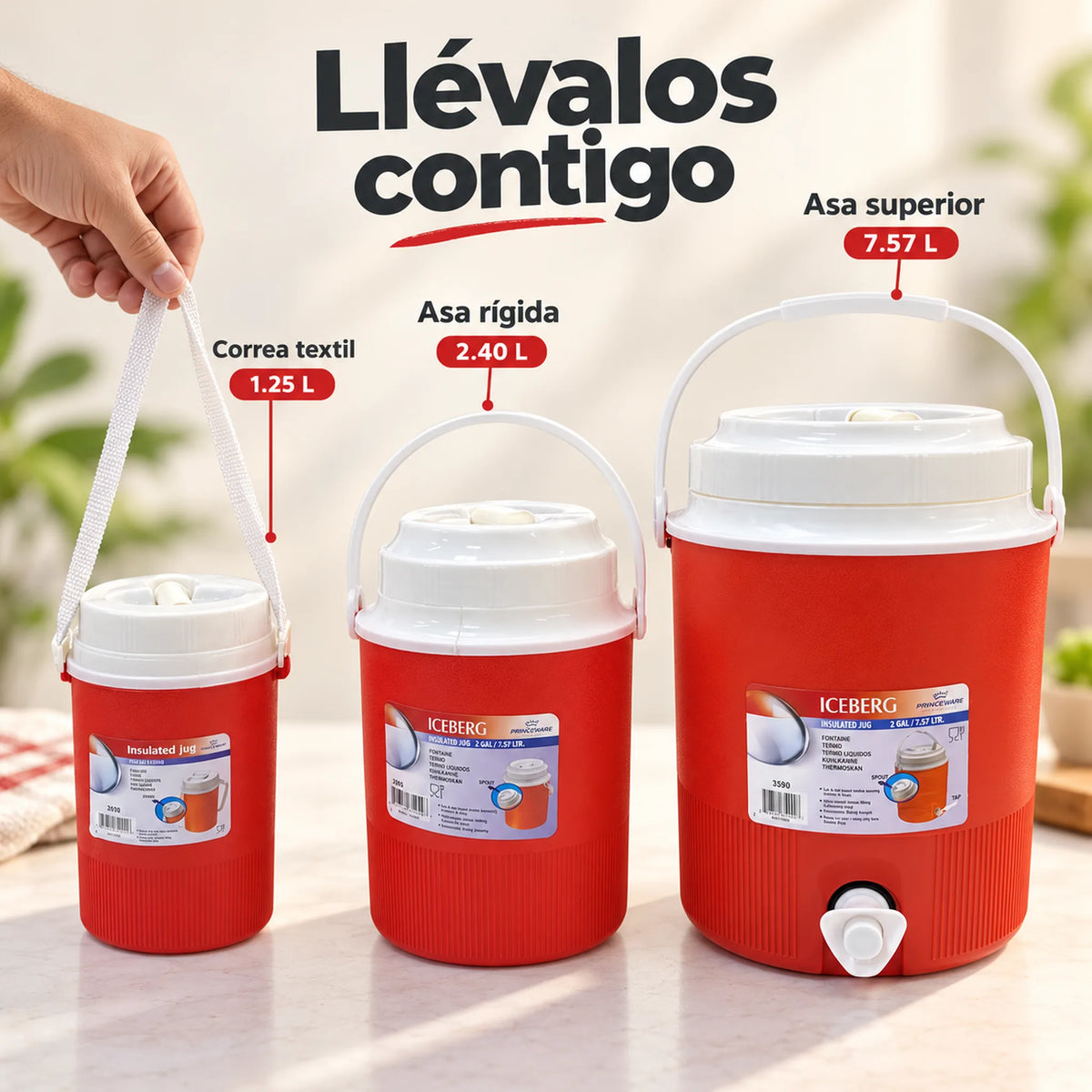 Set de 3 termos para líquidos color rojo – asas y correa para transportar
