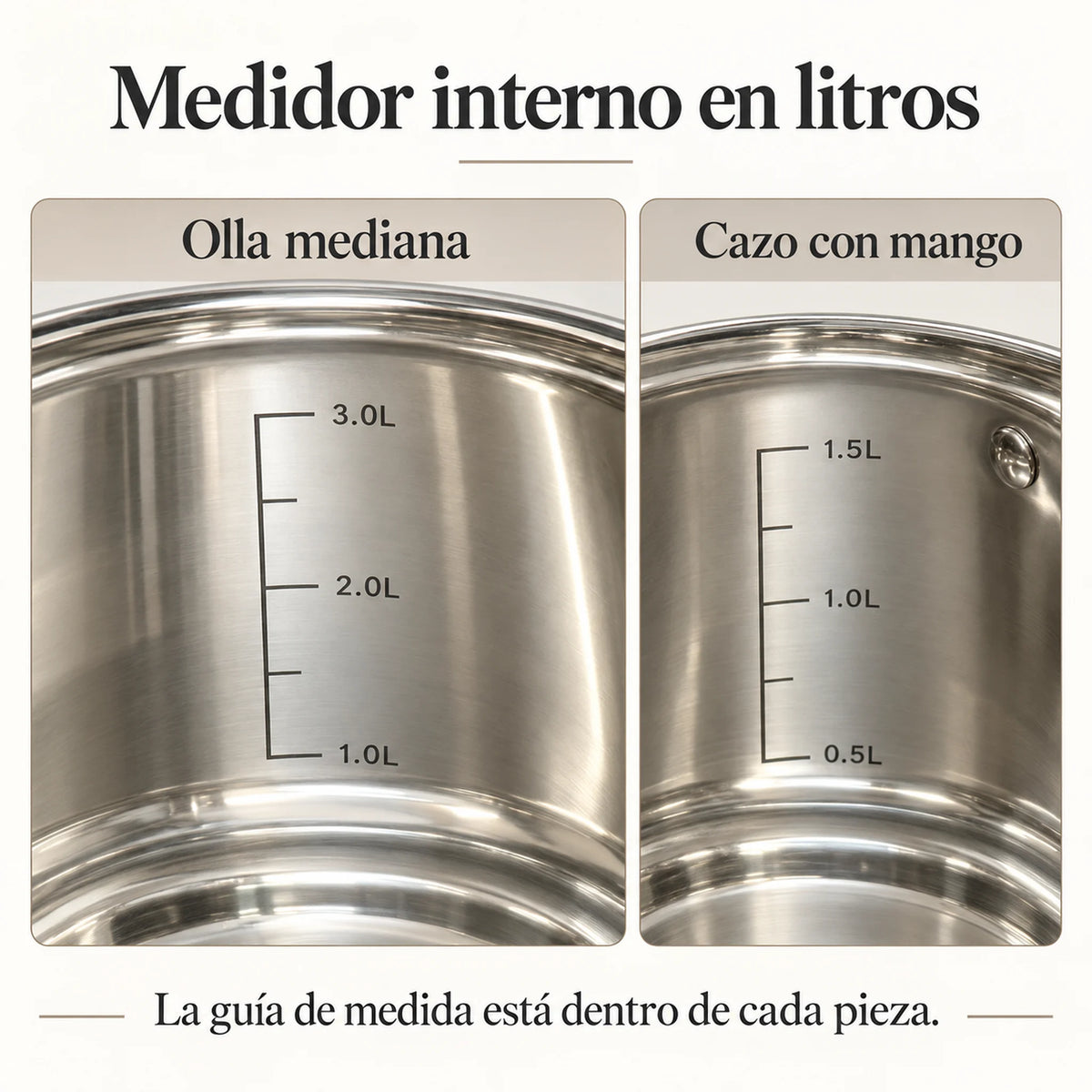 Medidor de litros grabado en el interior de las ollas Toscana Epicure, mostrando la capacidad hasta la marca