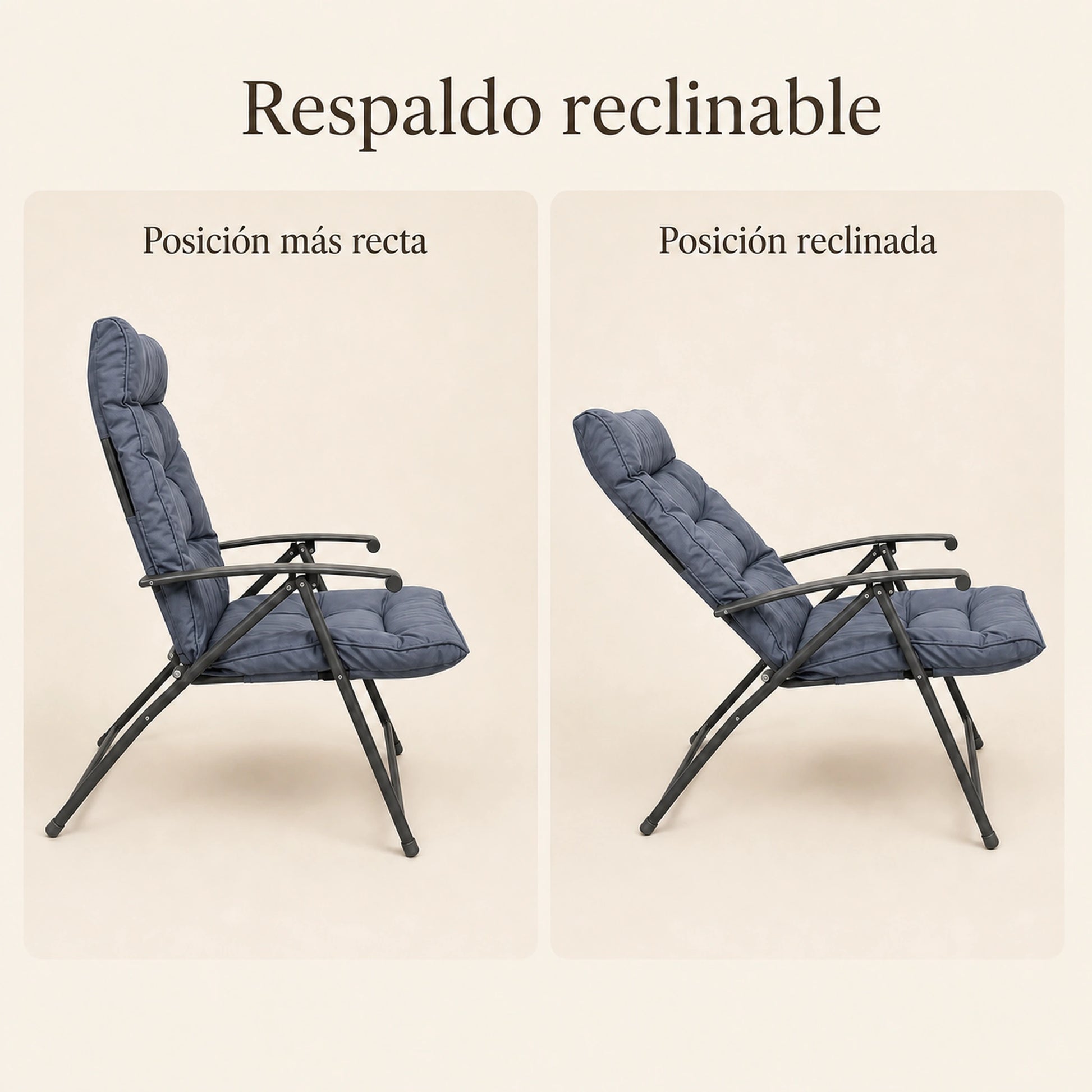 Silla reclinable Gris mostrando las distintas posiciones de respaldo ajustable