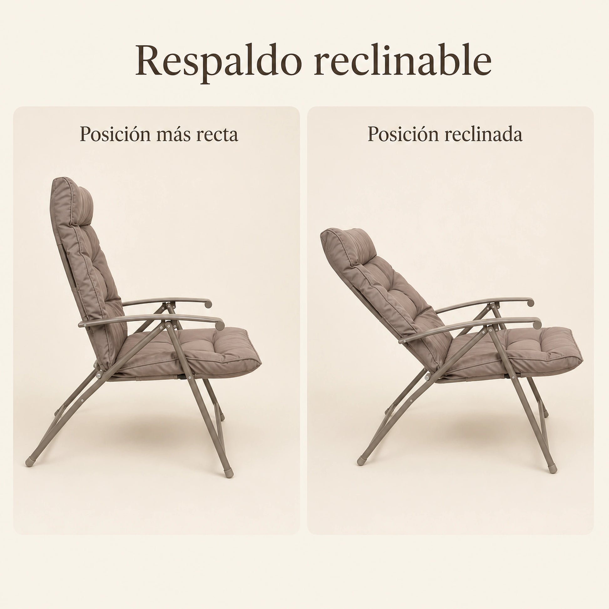 Silla reclinable Taupe mostrando las distintas posiciones de respaldo ajustable